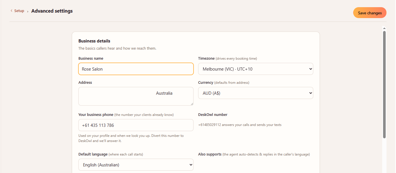 The business details settings screen