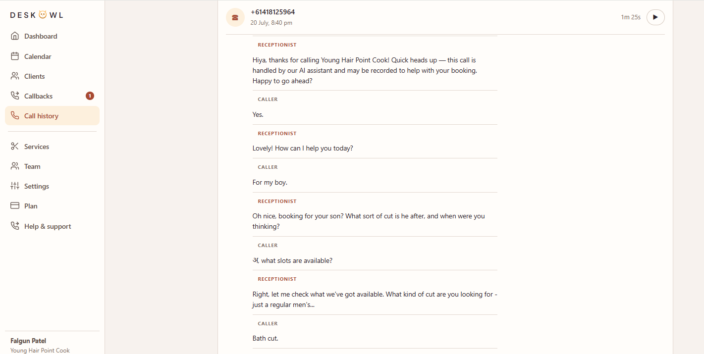 The call history view