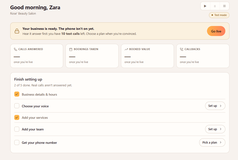 The setup checklist on the Dashboard