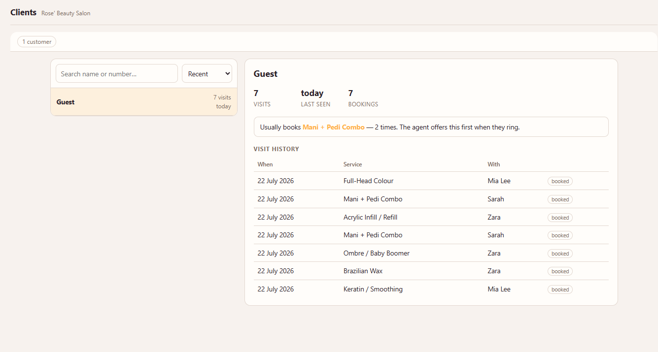 A client's information and booking history