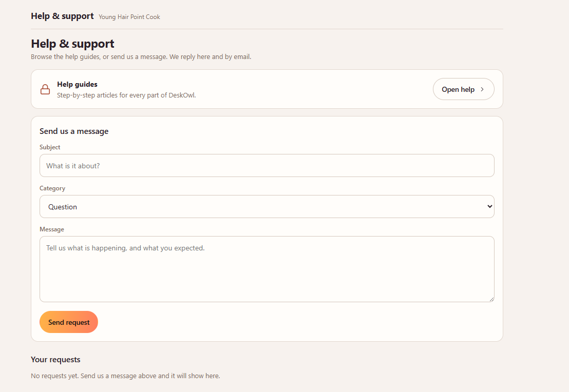 The help and support screen in the app