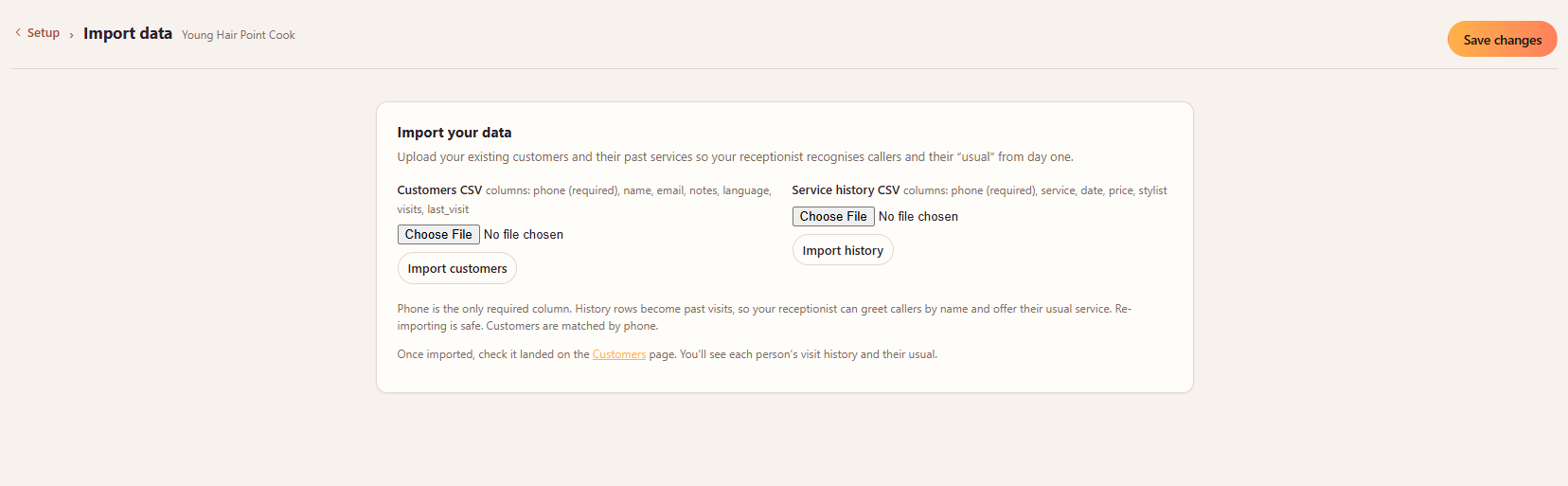 The customer import screen