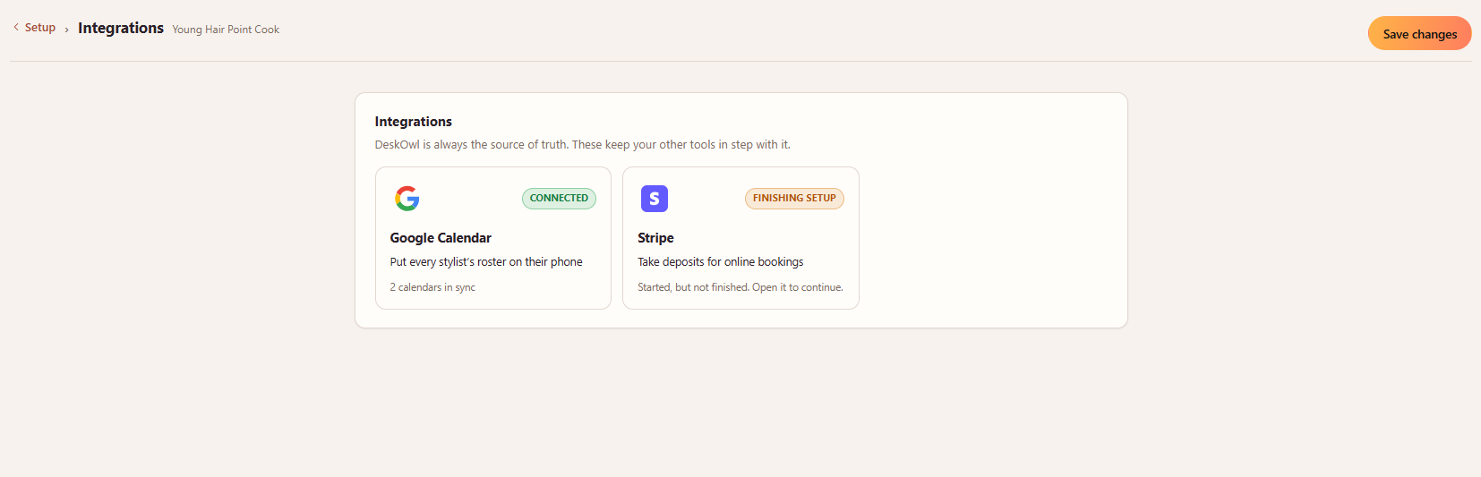 The integrations screen