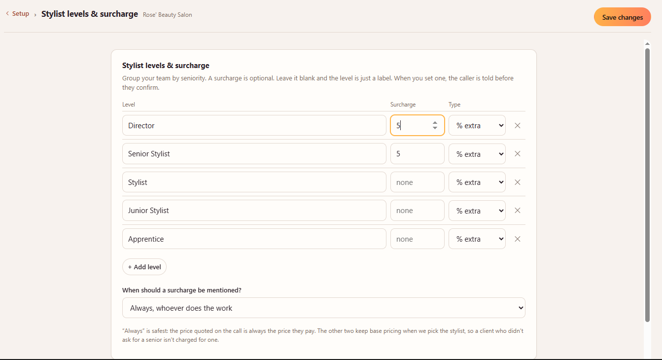 Configuring stylist levels and surcharges