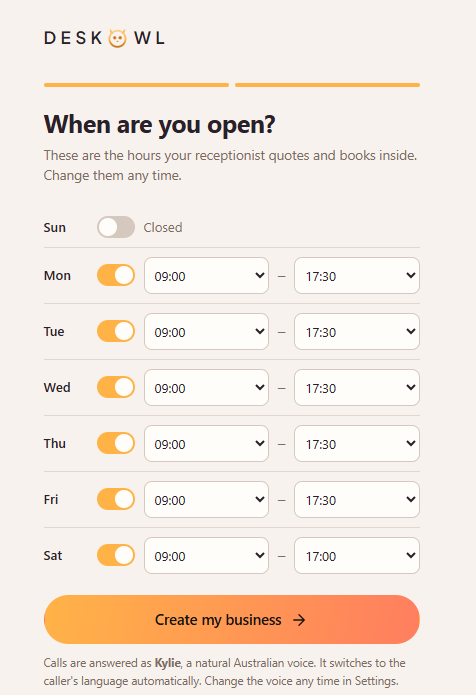 Setting opening hours in the new business wizard