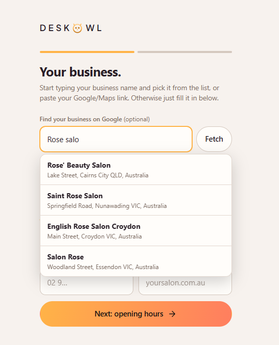 The first step of the new business wizard