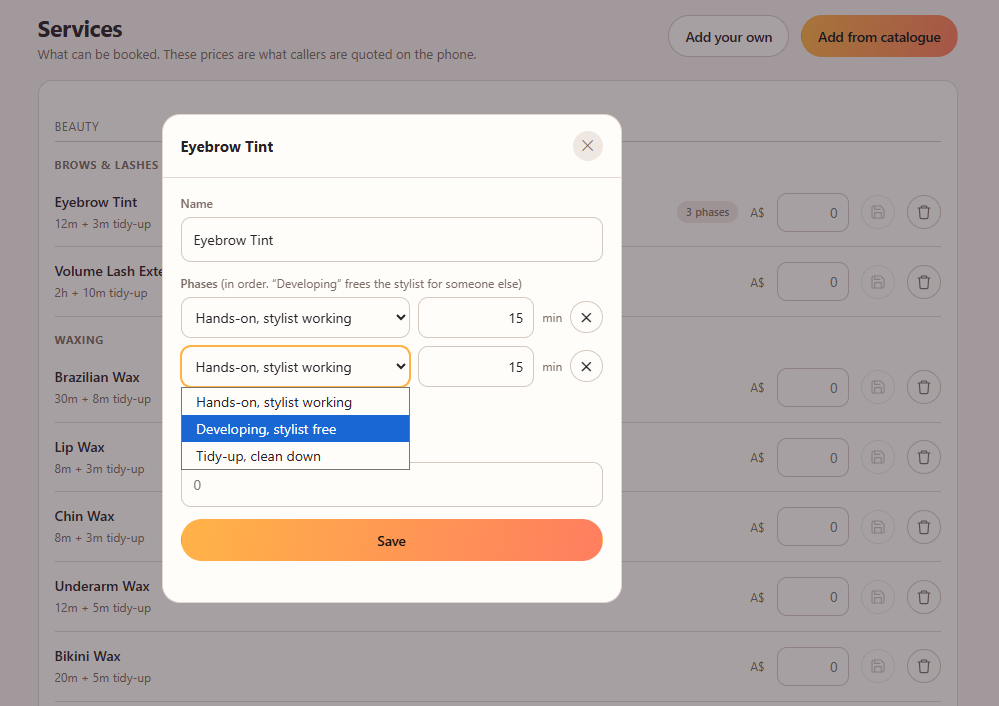 Editing a service's phases and tidy-up time
