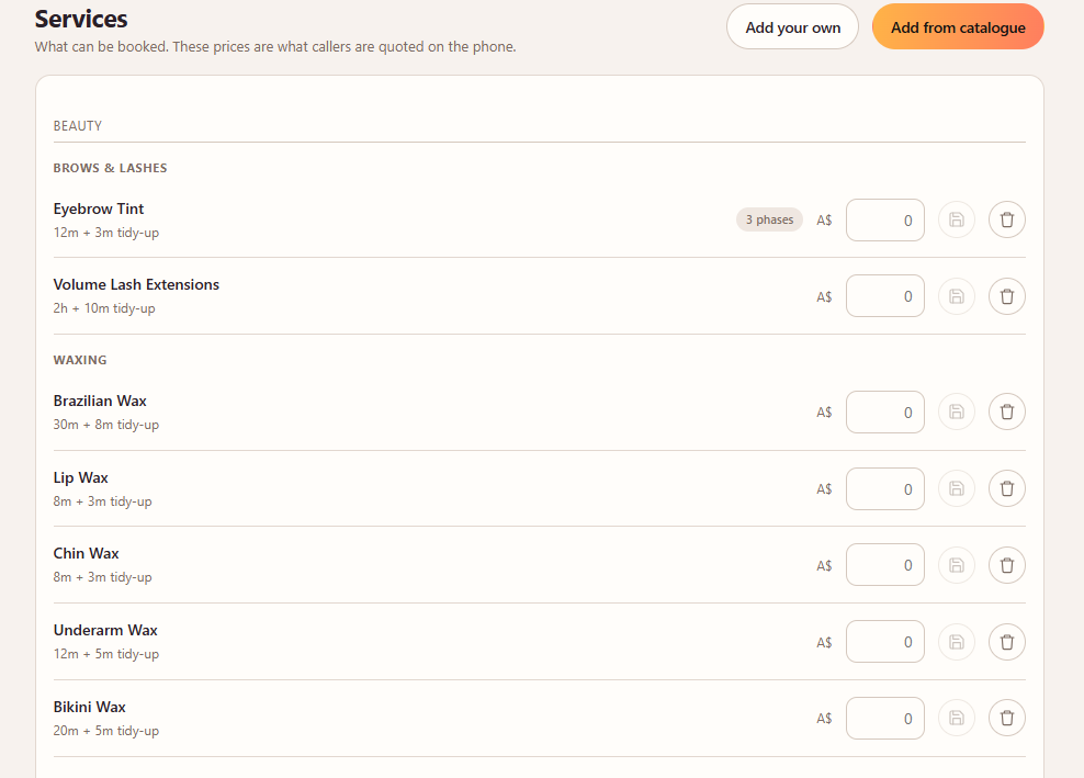 The Services list grouped by category