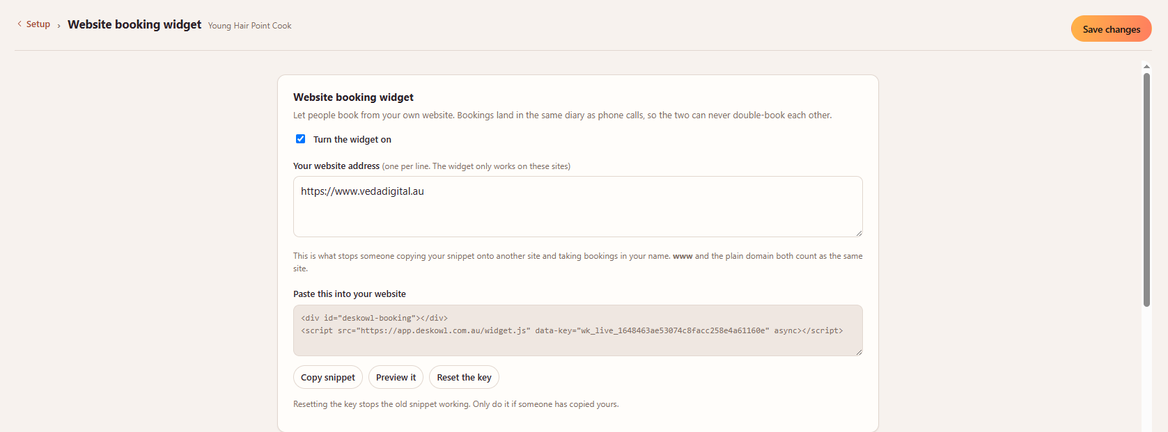 The website booking widget settings